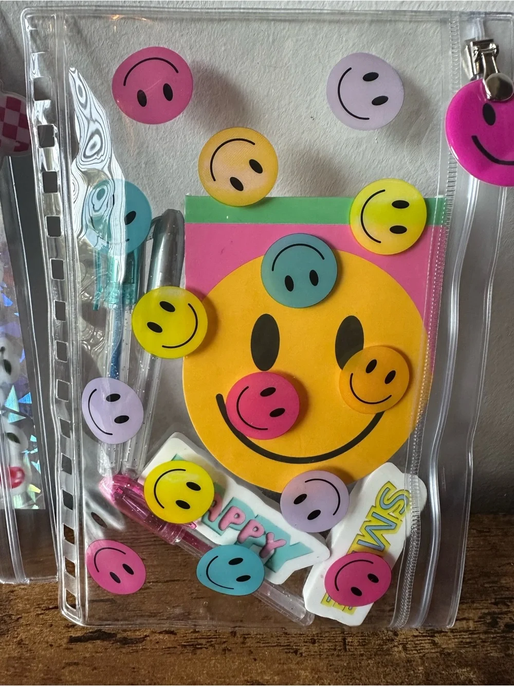 Two Zipper Pencil Pouches One Cherry & One Smiley Themed Pens Notepads Stickers